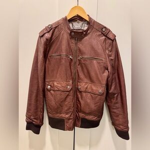 Guess Brown Bomber Leather Jacket with Stand-Up Collar and Vintage Look